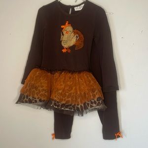 2pc Girls Thanksgiving Brown and Orange Dress and Pants with Bow